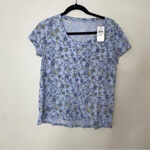 J. Jill Ladies Women's Everyday 100% Cotton Tee Shirt Top Blue Yellow Floral XS